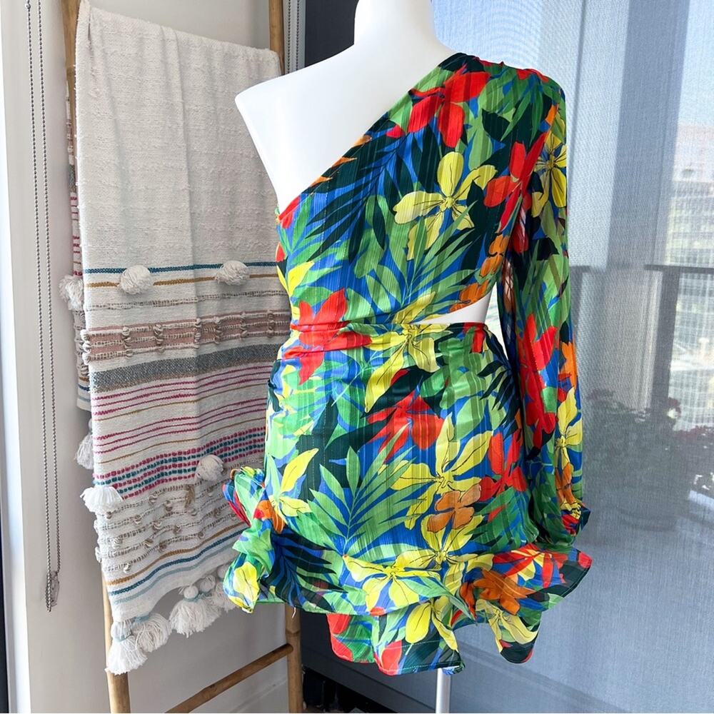 MB Finale Floral One Shoulder Long Balloon Sleeve Mini Dress Women’s Size Large - Picture 7 of 12